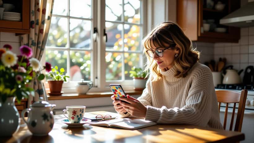 A woman in her sixties solving the daily Connections word puzzle on her phone at a kitchen table