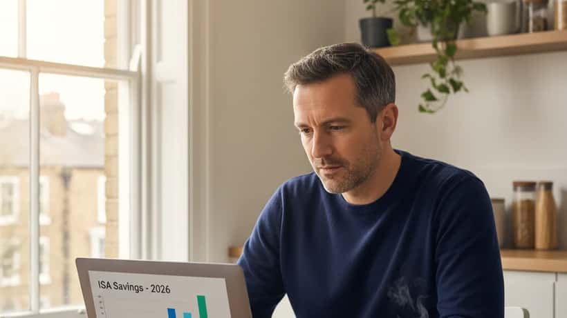 British man reviewing his ISA savings on a laptop at home as the new 2026/27 tax year begins on 6 April 2026