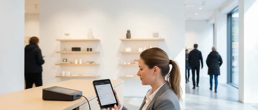 IT-tekniker konfigurerar betalningsterminaler vid kassan i skandinavisk butik