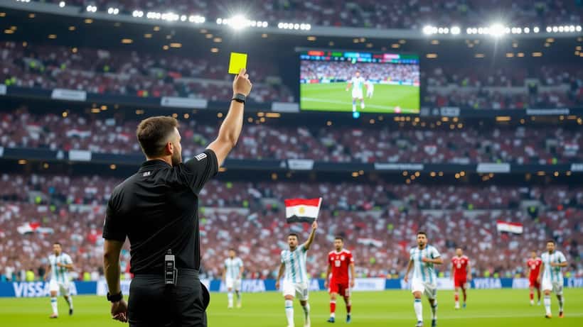 Referee raising yellow card during Argentina vs Egypt World Cup 2026 at Mercedes-Benz Stadium Atlanta