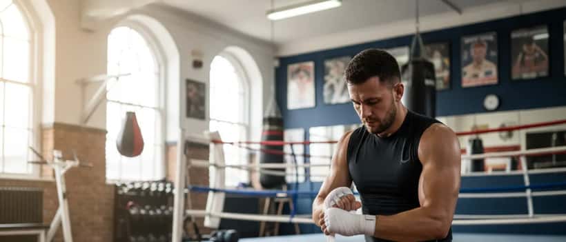 MMA fighter wrapping hands in a British gym before training, focused and prepared