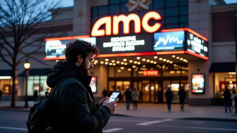 AMC movie theater entrance exterior at night with retail investor checking stock chart on smartphone