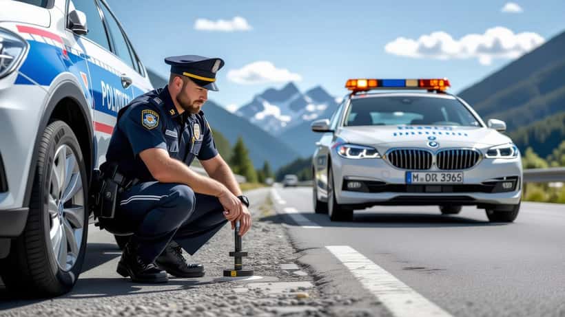 Policier de la Kantonspolizei Aargau effectuant un contrôle technique d'un véhicule sur le bord de la route en Suisse