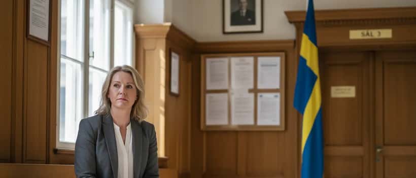Kvinna väntar utanför rättssal i Helsingborg tingsrätt