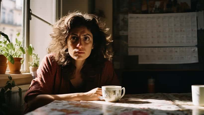 Donna italiana guarda con ansia un calendario aperto sul 17 aprile in una cucina milanese