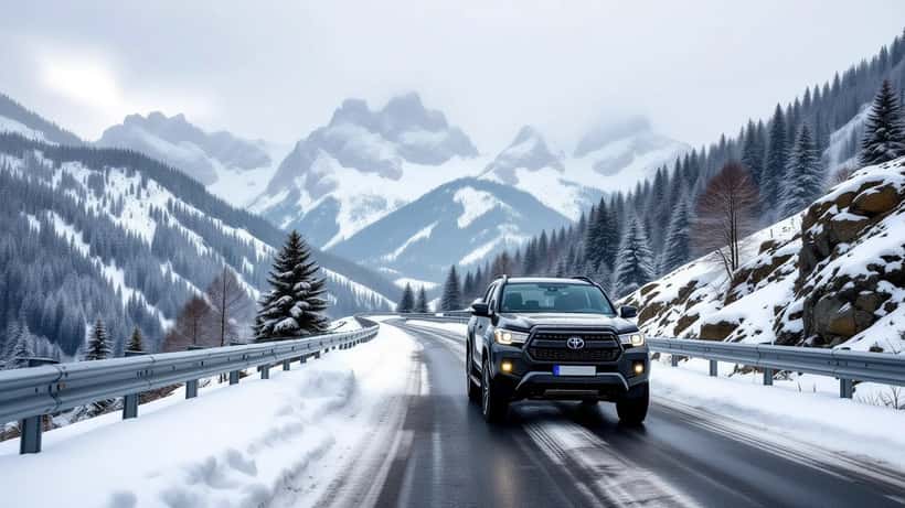 Auto auf verschneiter Alpenpassstraße während eines Sommer-Schneesturms in Österreich