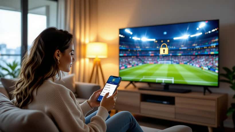 Mulher brasileira preocupada lendo termos de cadastro do +SBT no celular com partida da Champions League exibida na televisão ao fundo
