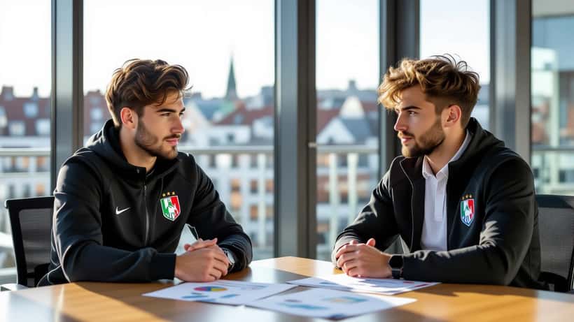 Jeune footballeur français consultant un conseiller en gestion de patrimoine dans un bureau moderne à Rennes