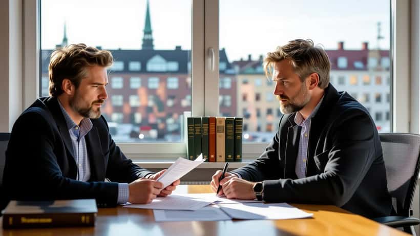 Man som konsulterar en advokat angående juridiska rättigheter vid organiserad brottslighet i Sverige