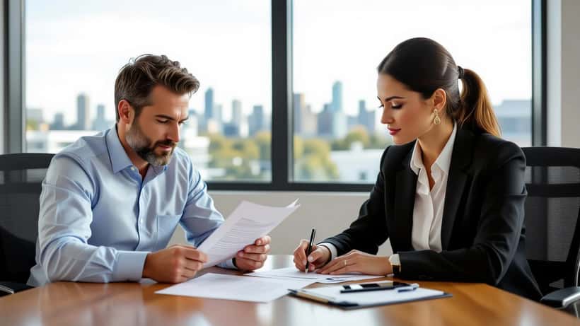 Office worker reviewing an employment contract with a lawyer, resignation letter on the desk