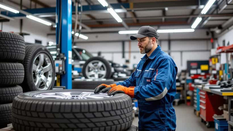 Kfz-Mechaniker wechselt Winterreifen an einem Pkw in einer österreichischen Werkstatt im Herbst