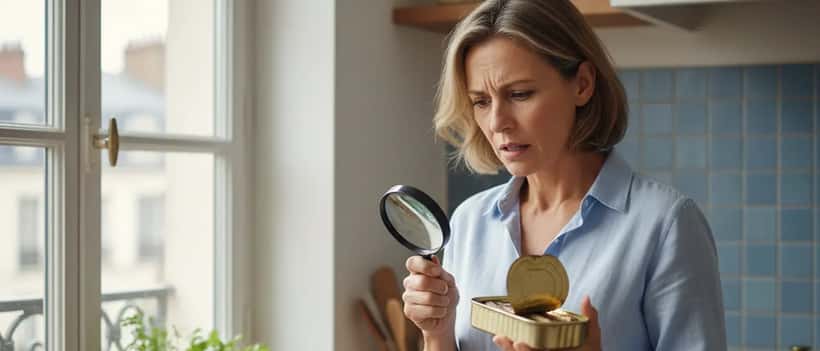 Femme française vérifiant l'étiquette d'une boîte de sardines rappelée dans sa cuisine