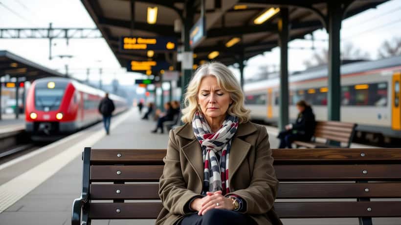 Frau sitzt allein auf einer Bank am Bahnsteig nach einer Zugentgleisung, sichtlich erschöpft und emotional belastet