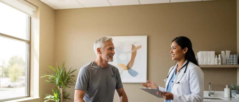 Man in his 60s in athletic wear speaking with a doctor in a clinic consultation room