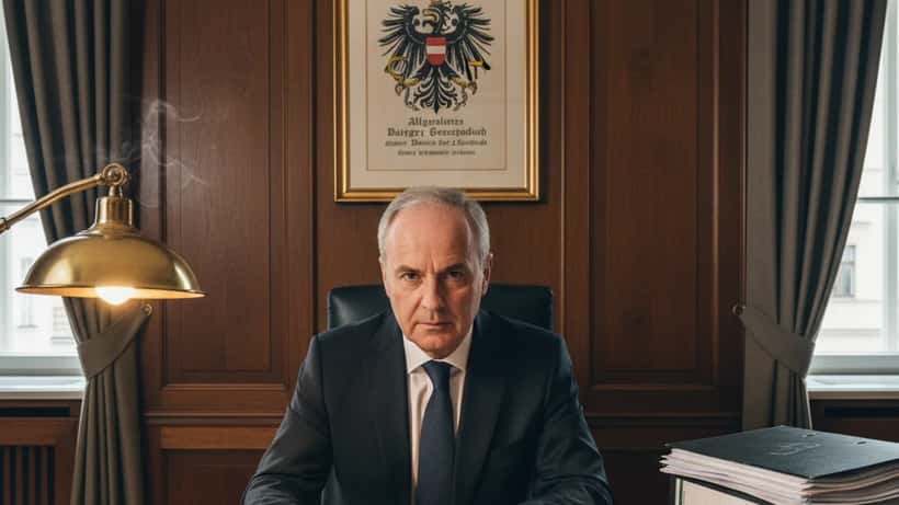 Österreichischer Rechtsanwalt prüft Insolvenzunterlagen in einem Wiener Büro