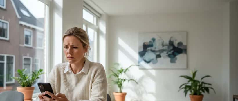 Nederlandse vrouw kijkt bezorgd naar haar smartphone aan keukentafel, symbool voor stress door online intimidatie en bedreigingen