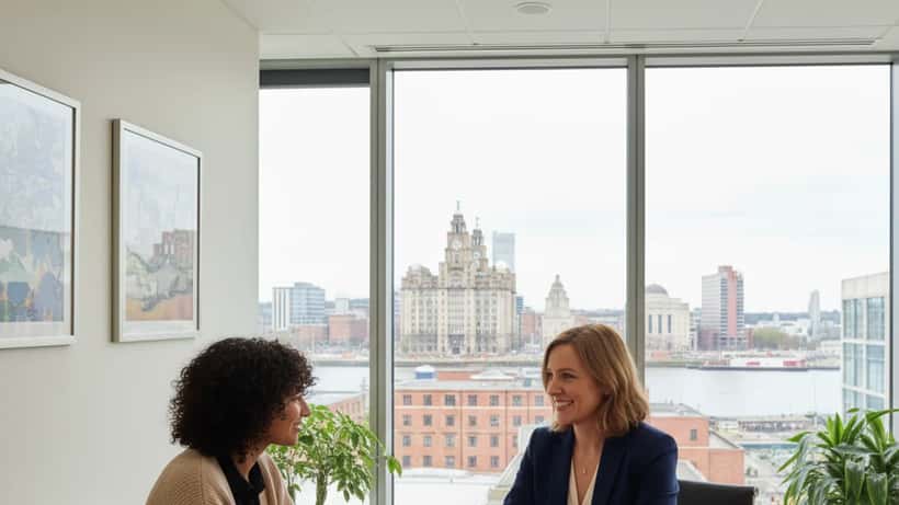 Employment solicitor in a Liverpool law office reviewing employment contract documents with a client