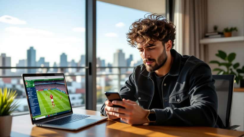 Brasileiro em apartamento em São Paulo usando aplicativo de apostas no celular com expressão preocupada