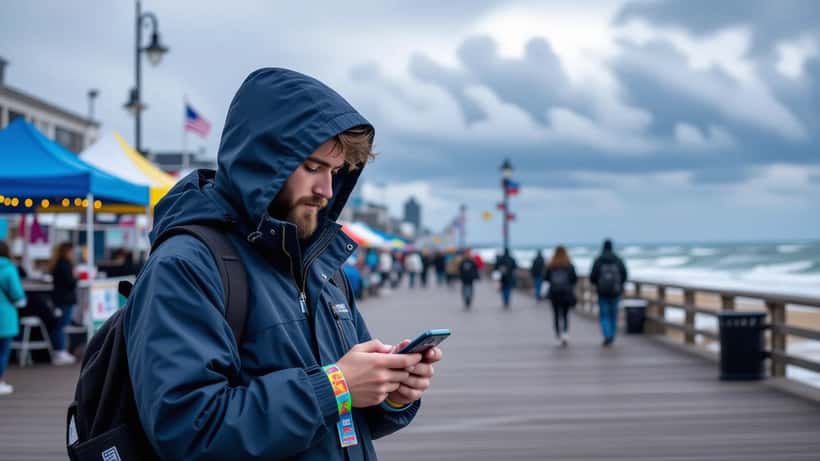 Festivalgoer checking refund notification on phone during Oceans Calling 2026 storm cancellation on Ocean City Boardwalk