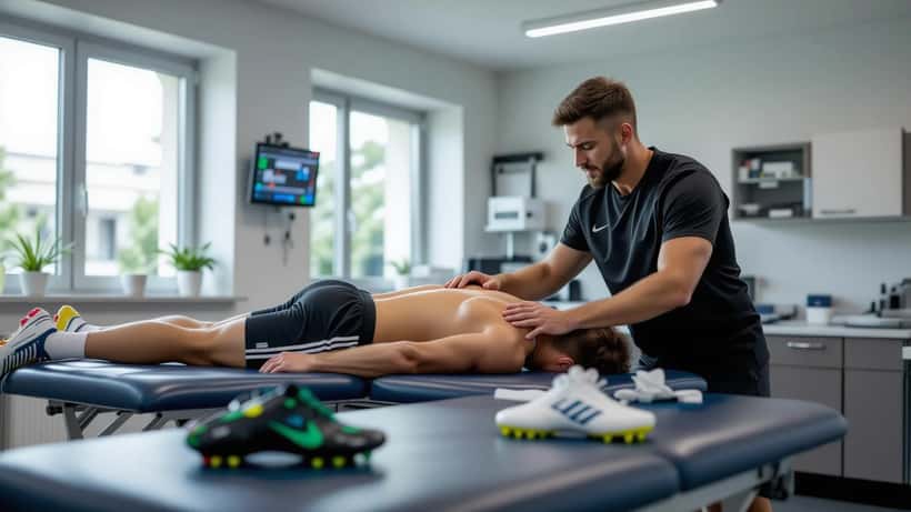 Physiotherapist examining an amateur footballer's thigh in a sports clinic