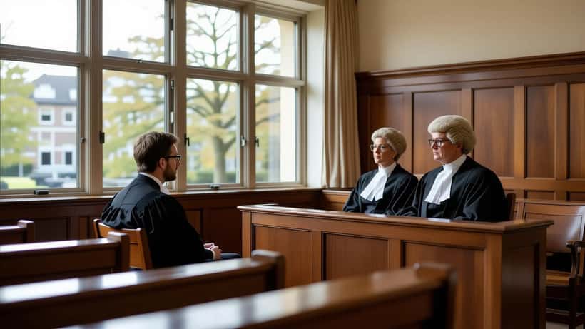 Witness sitting in UK courtroom witness box during trial proceedings