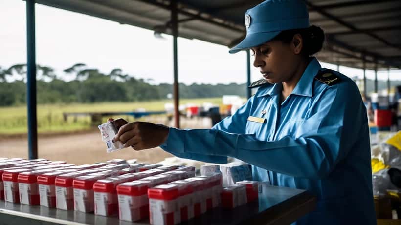 Fiscal da ANVISA inspecionando medicamentos apreendidos na fronteira com o Paraguai em 2026