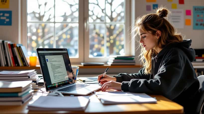 Student at a school desk with AI writing assistant open on laptop, handwritten notes pushed aside