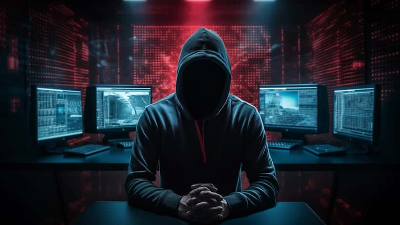 Cybercriminel encapuchonné dans une salle sombre entouré d'écrans d'ordinateurs