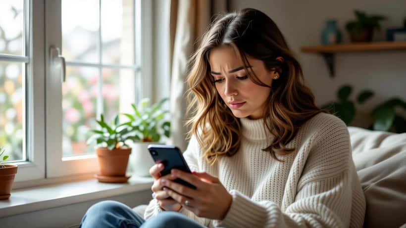 Mulher a olhar para o telemóvel com expressão preocupada após receber comentários negativos nas redes sociais