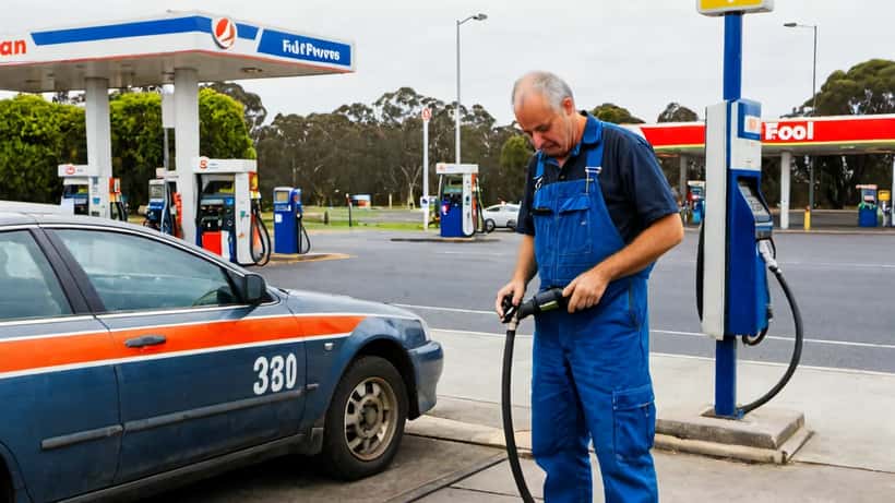 Australian mechanic checking tyre pressure at a petrol station with fuel price sign showing 330 cents per litre
