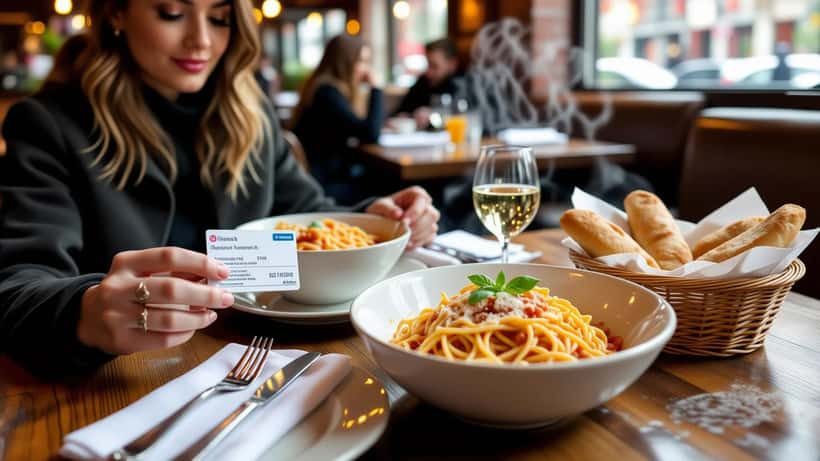 Hands holding a prepaid restaurant dining pass card beside a bowl of spaghetti and breadsticks