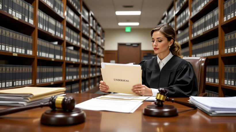 Gerechtelijk medewerker met verzegelde rechtbankdocumenten in federaal courthouse
