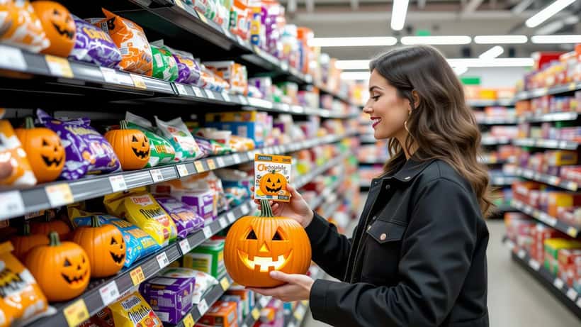 Consumer comparing Reese's pumpkin candy packaging to actual product in Halloween store aisle