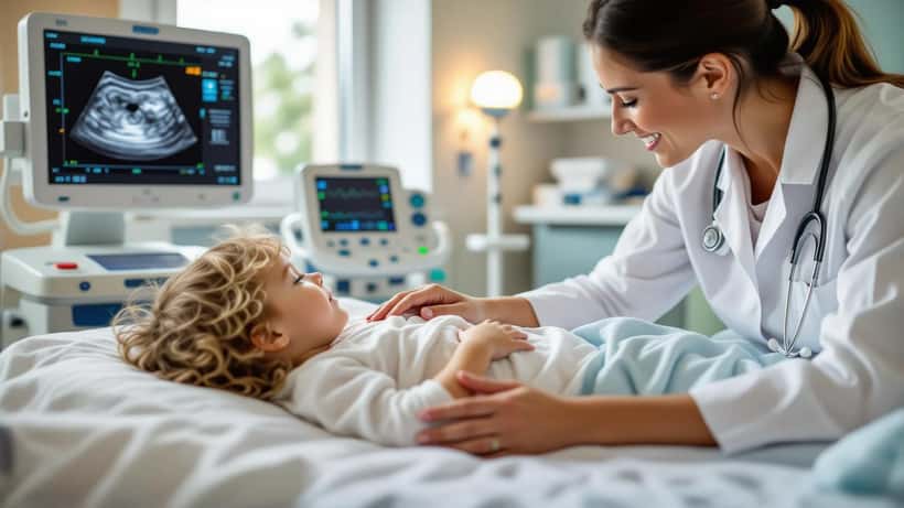Kinderärztin führt bei einem Kleinkind eine Ultraschalluntersuchung des Bauchs durch