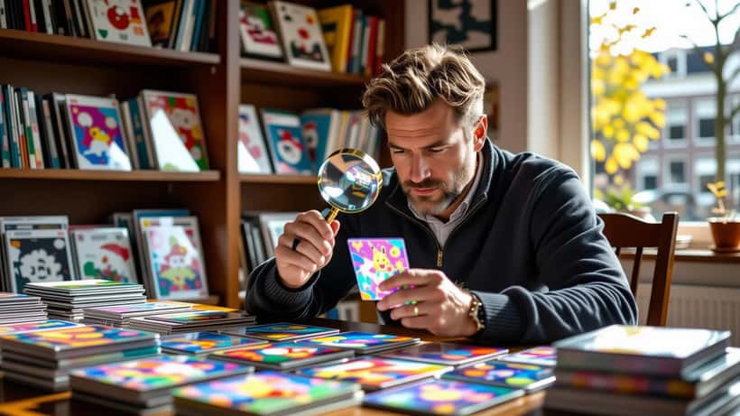 Man onderzoekt holofoil Pokémon kaarten als belegging op zijn bureau in Amsterdam