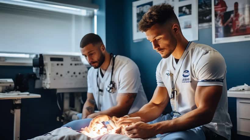 Young NFL draft wide receiver prospect being examined by sports medicine physician