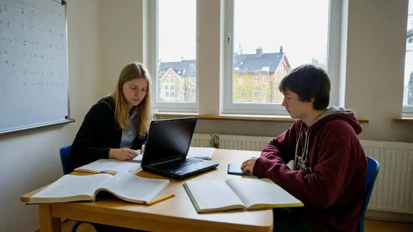 Elev og privatunderviser jobber med matematikk ved kjøkkenbord i Oslo