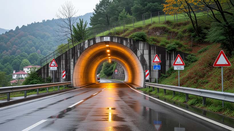 Sottopasso stradale allagato dal maltempo in Italia di notte, acqua torbida che sommerge il tunnel