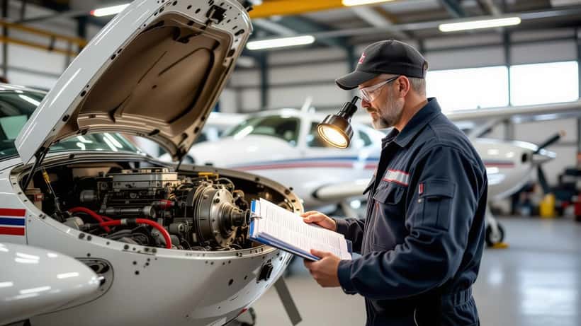 Aircraft maintenance engineer inspecting the exposed engine of a small single-engine plane in a Quebec hangar