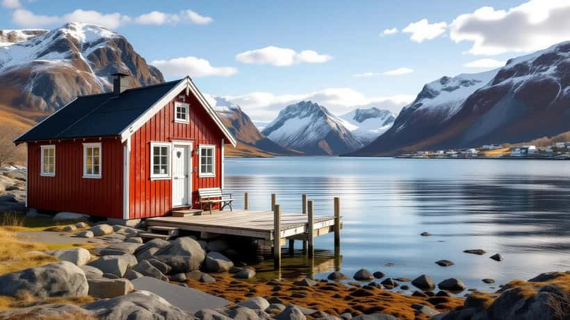 Tradisjonell norsk rød tømmerhytte ved fjord i sommerlys