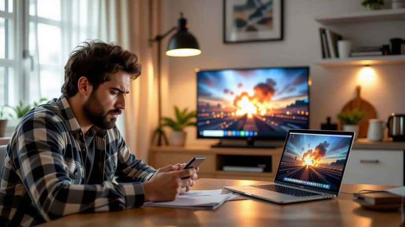 Hombre revisando en su teléfono un video falso de la guerra de Irán mientras usa una búsqueda inversa de imágenes
