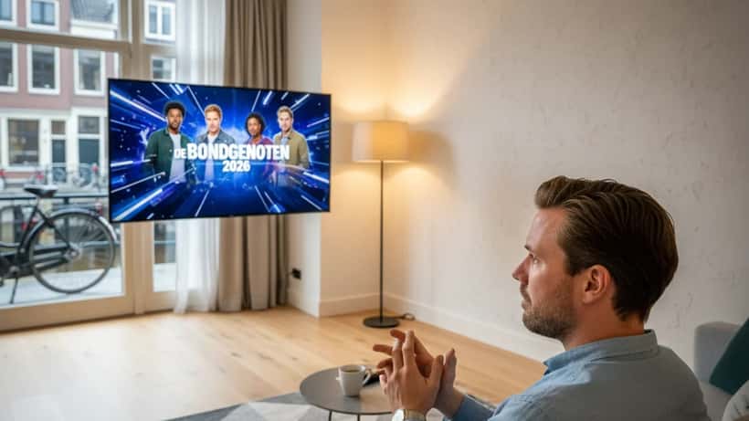 Man die gespannen naar realityshow De Bondgenoten kijkt op televisie in Amsterdam woonkamer