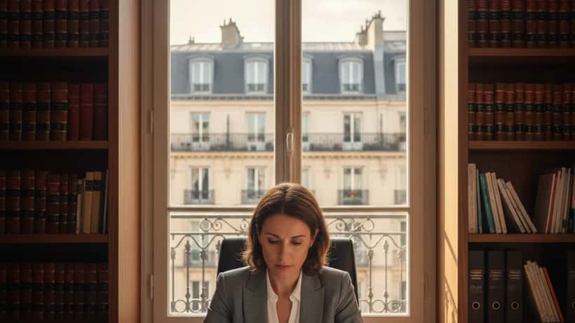 Avocate spécialisée en propriété intellectuelle dans son bureau parisien, documents de droits d'auteur musicaux