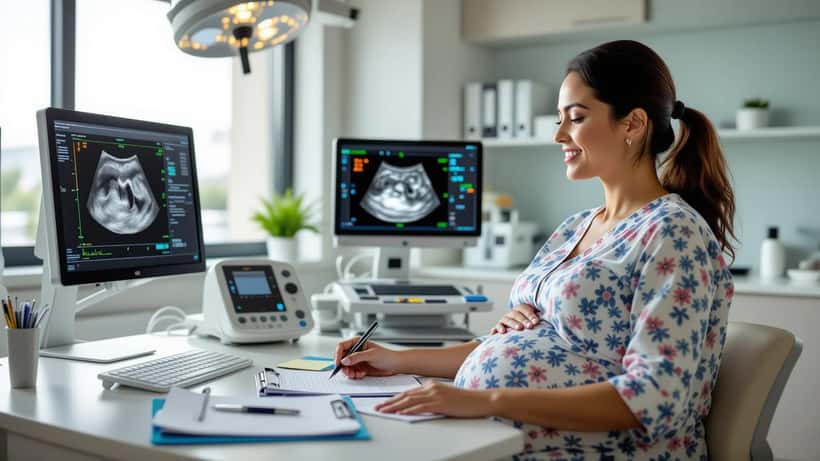 Grávida em consulta obstétrica com médico analisando ultrassom em clínica de São Paulo