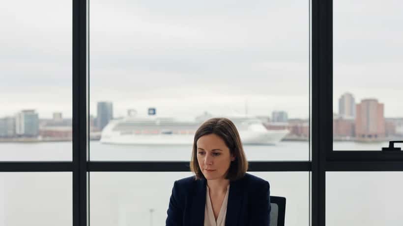 British woman reviewing cruise cancellation documents in a solicitor's office with Southampton waterfront visible through window