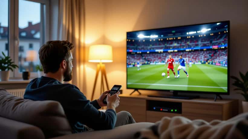 Mann i stue ser Premier League på TV med frosset bilde