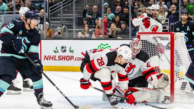 Timo Meier (New Jersey Devils) en action lors d'un match de hockey sur glace en 2023