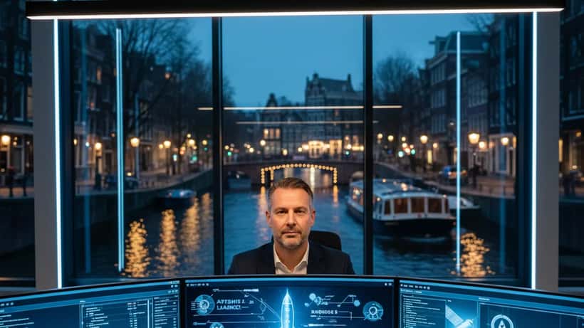 Nederlandse IT-beveiligingsspecialist bewaakt cybersecurity dashboards in Amsterdams kantoor