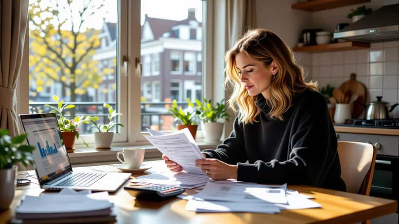 Vrouw aan keukentafel met rekeningen en budget spreadsheet - bezuinigen tips 2026