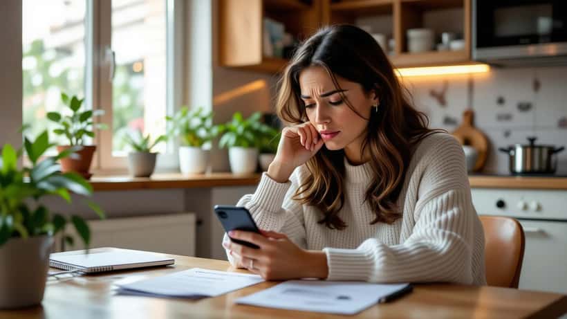 Donna distressed che legge messaggi minacciosi sul telefono con documenti legali sul tavolo